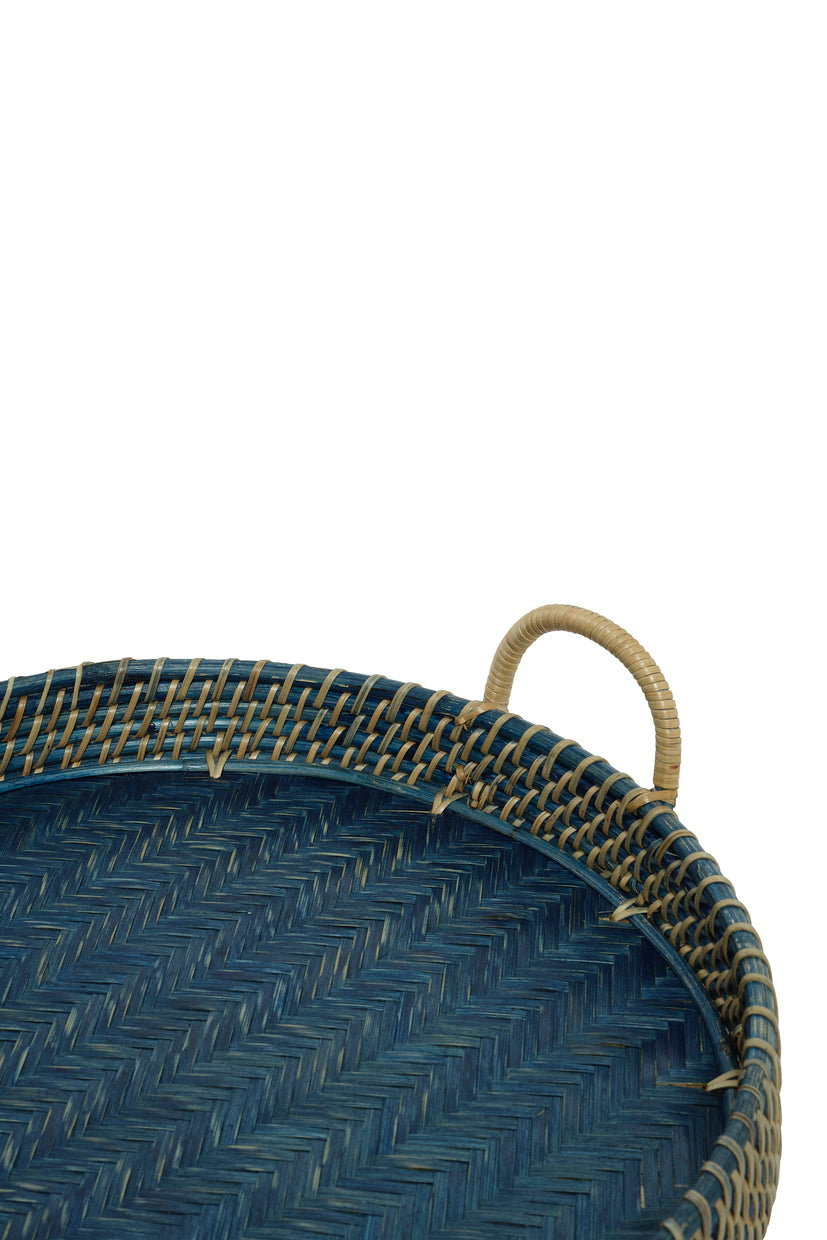 Round Rattan Tray Navy Blue