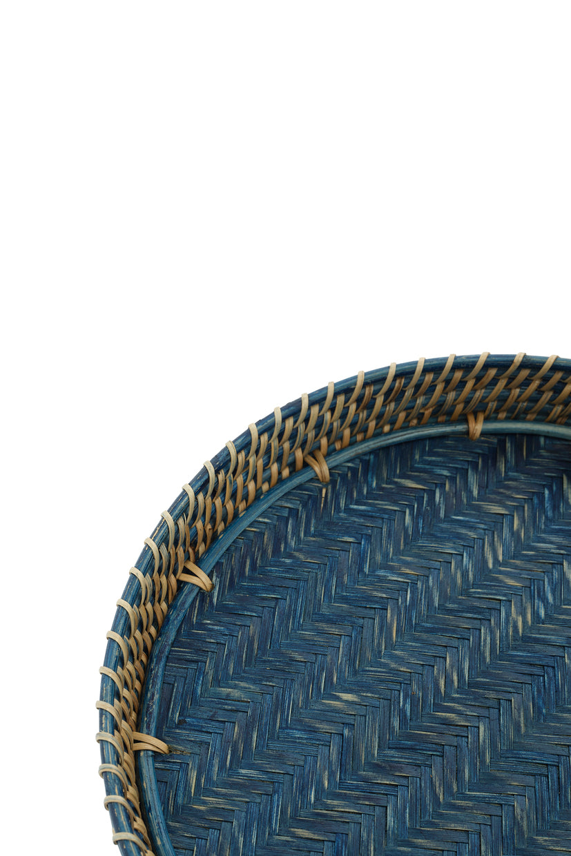 Round Rattan Tray Navy Blue